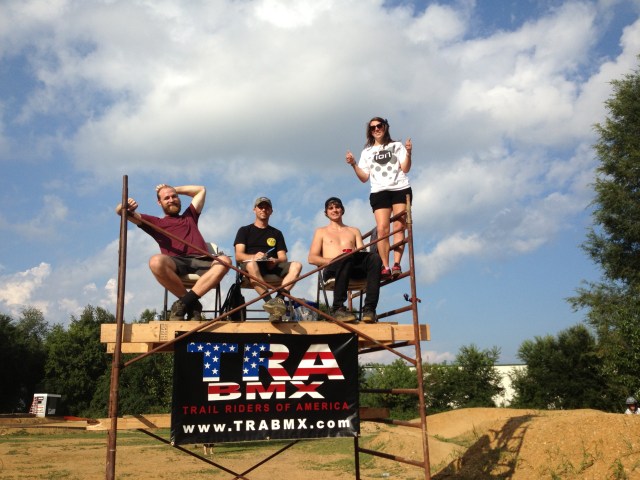 The 2013 TRA Grindlab Jam contest judges: Catty's Matt Trieval, Posh's Jason Lonergan, and Catty's "Abe" Abraham do their jobs while iON's Alaine Gordon enjoys the view from the tower.