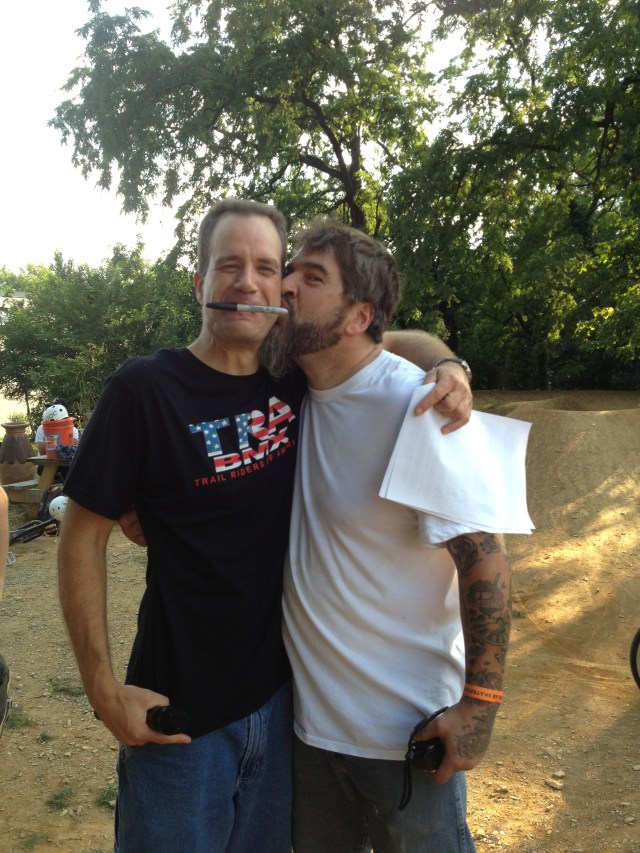 State College kiss - TRA CEO Mike Gentilcore started the State College trails circa 1987 along with a few other SC locals including Tom Worrick shown here. Both have been in the sport since the 1970's. State College trails, a.k.a."the field" R.I.P.!