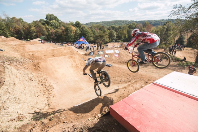 Victor Behm and Jeremy Kaht drop in from the motocross inspired starting gate.  Photo: Eric Silver