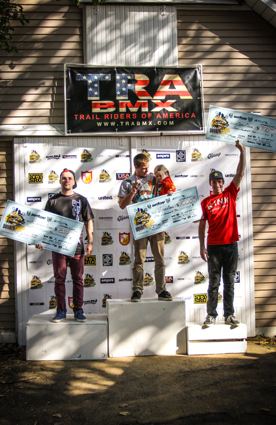 The 2014 TRA BMX Double Cross Podium - Victor Behm (1st), Steven Cisar (2nd) and Chris Doyle (3rd)    Photo: Troy Zeigler / Elevated Visuals