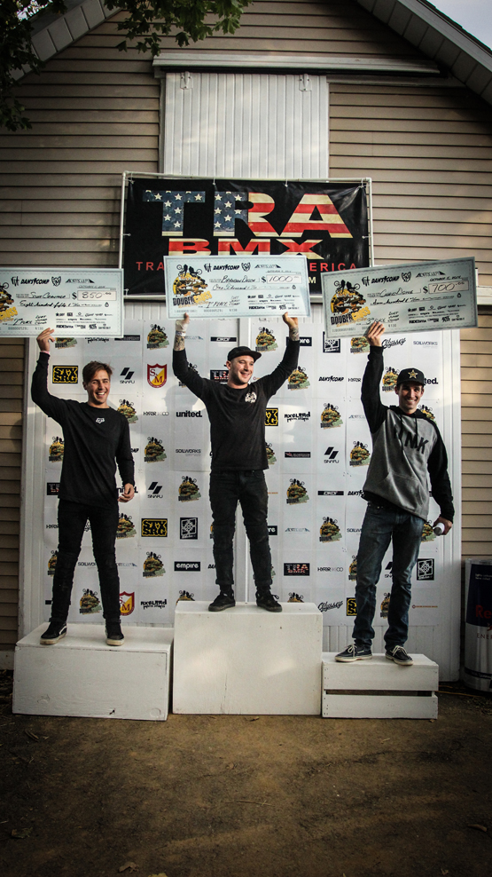 The 2014 TRA BMX Double Cross Podium - Brandon Dosch (1st), Scott Cranmer (2nd), and Chris Doyle (3rd) Photo: Troy Zeigler / Elevated Visuals